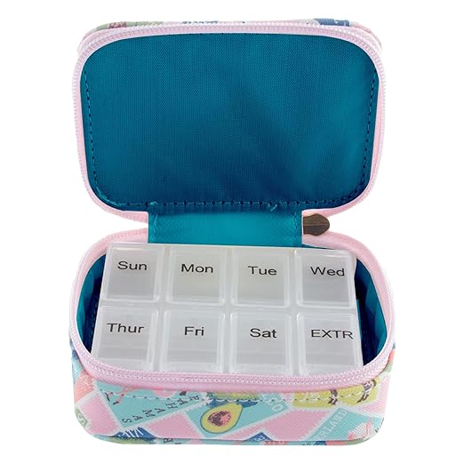 Karma, Travel Pill Case, Weekly Travel Pill Organizer, Removable 8-Compartment Pill Box, Travel Pill Medicine Organizer, Stamps