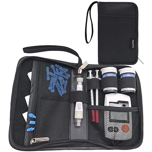 Glucose Monitor Case with Handle, Most Comprehensive Compact Glucose Meter Case fit Glucose Meter/Insulin Pen/Insulin Vial/Lancing Device/Test Strips/Needles/Syringe (Black)