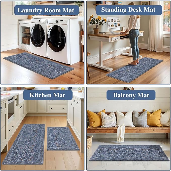 U'Artlines Double-Sided Kitchen Rugs Set of 2,Kitchen Anti Fatigue Mats Non Slip Padded Floor Standing Desk Mat,PVC Waterproof & Stain Resistant Carpet Blue Floral Rugs for Laundry Room Office Sink