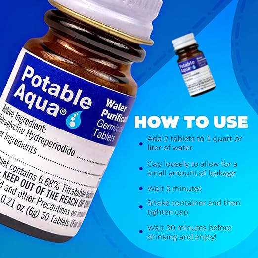 Potable Aqua Water Purification Tablets, Portable and Effective Water Purification Solution for Camping, Hiking, Emergencies, Natural Disasters and International Travel, Two 50ct Bottles, Blue