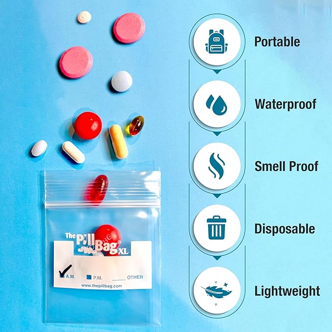 Medicine Pill Organizer, Labels for AM/PM, Resealable, Portable, Disposable Pouches for Medicine, Vitamins, Gummies,Plastic Pill Bags for Travel, Walks XL Size |100 Count (2 Packs of 50)