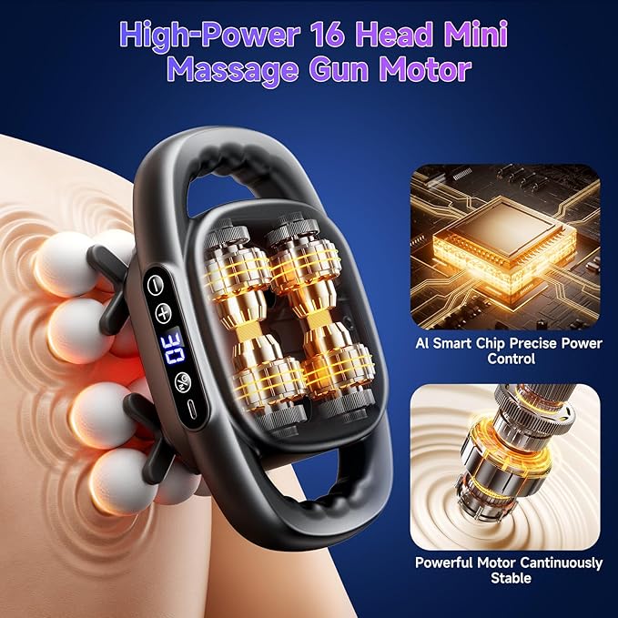 16 Head Mini Massage Gun, 3 Modes and 30 Intensities, Upgraded Deep Tissue Massage Gun for Back, Shoulders, Legs, Body Muscle Pain Relief, Compact and Portable Gift for Men, Women