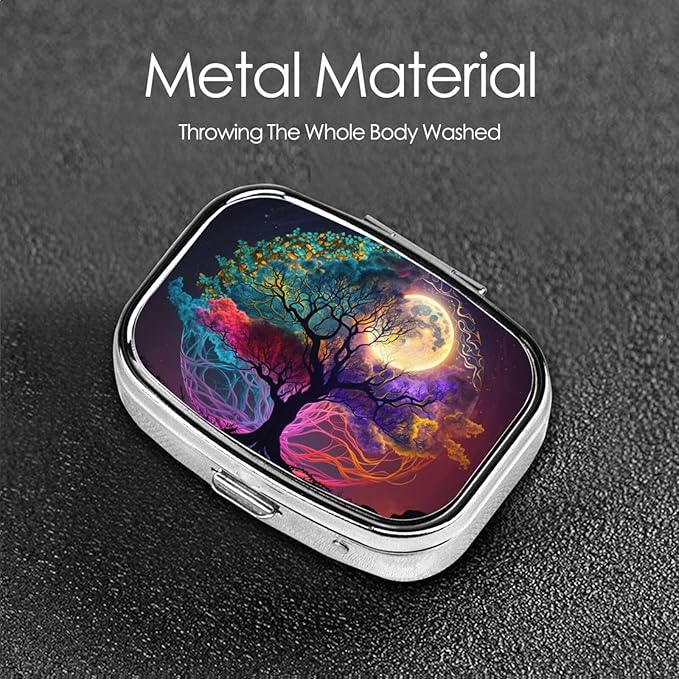 Magic Fantasy Tree Moon Art Print Square Metal Pill Box with 2 Compartment for Pocket or Purse Travel Bag Small Size 2.2 inche