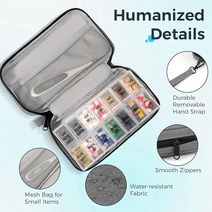 Weekly Pill Organizer 2 Times a Day, Travel Pill Box 7 Day with Large Opening, Pill Case with Handle, Pill Dispenser Medicine Organizer for Vitamins, Fish Oils, Medications, Supplements (Grey, Large)
