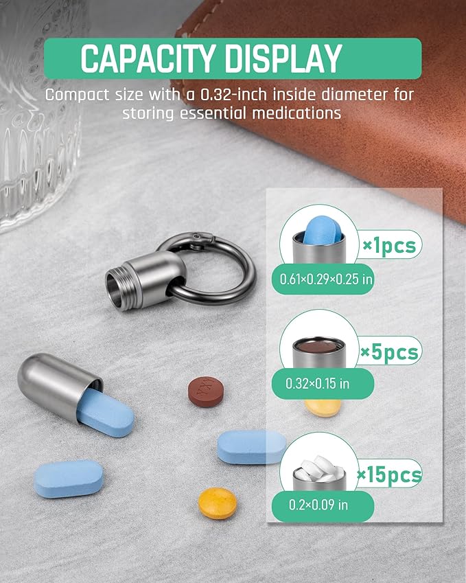 TISUR Micro Keychain Pill Holder, Titanium Pill Case Waterproof Pill Container, Portable Tiny Pill Organizer for Travel Purse Pocket