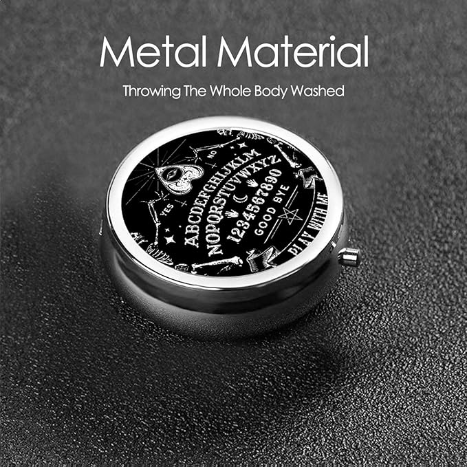 Round Pill Case Portable Small Weekly Travel Pill Organizer Portable Pocket Pill Box Dispenser for Purse Vitamin Fish Oil Compartments Container Medicine Box, Vintage Skeleton Magic Spirit Board Black