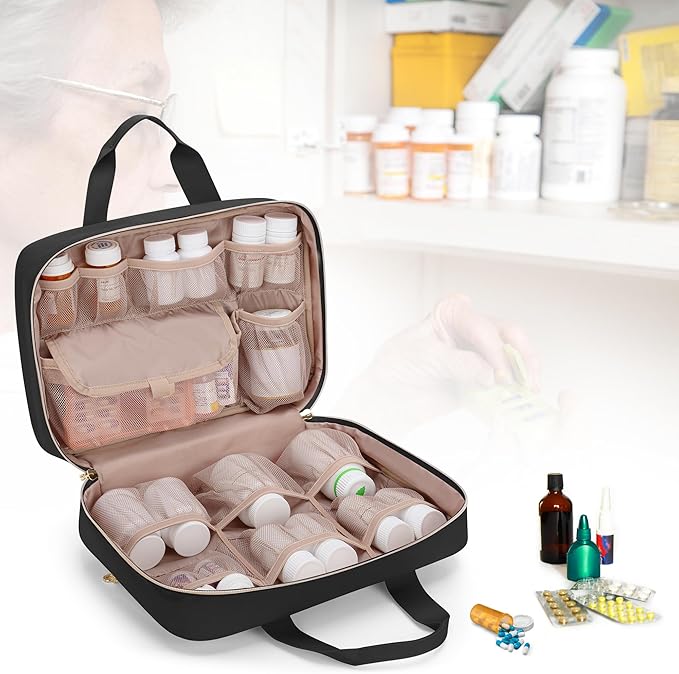 Damero Medicine Organizer, Pill Bottles Storage Travel Bag for Prescription Medication, Medical Supplies, Black