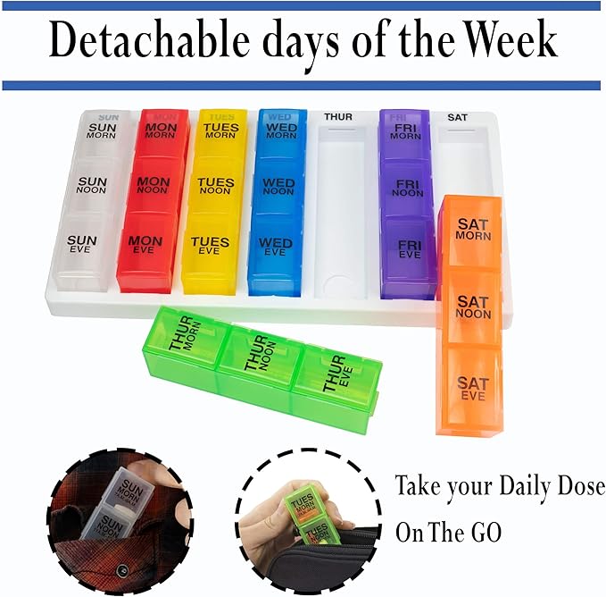 GMS 3 Times a Day Weekly Pill Reminder for Medication Vitamins and Supplements | White Tray with Removable Daily Boxes - Rainbow