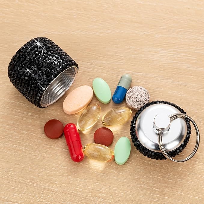 Bling Pill Organizer Travel Small Pill Case Keychain Waterproof Pill Box for Purse Portable Medicine Bottle Holder with Key Chain for Vitamin Supplement(Black)