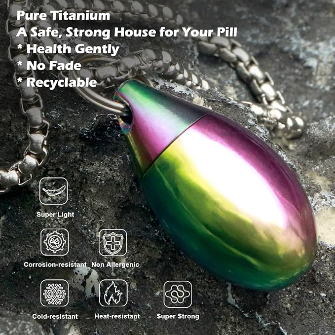Pill Holder Necklace Nitro Pill Case Titanium Pill Container Necklace for Men Women Christmas Gifts Stocking Stuffers Waterproof Pill Holder Emergency Aspirin Small Pill Box W/Chain Tiny Fob