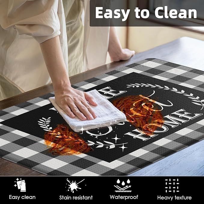Arttown Farmhouse Anti-Fatigue Kitchen Rug Set of 2 Black White Buffalo Plaid Cushioned Floor Mat, Standing Waterproof Non-Slip Kitchen Mat PVC Ergonomic Comfort Foam Rug