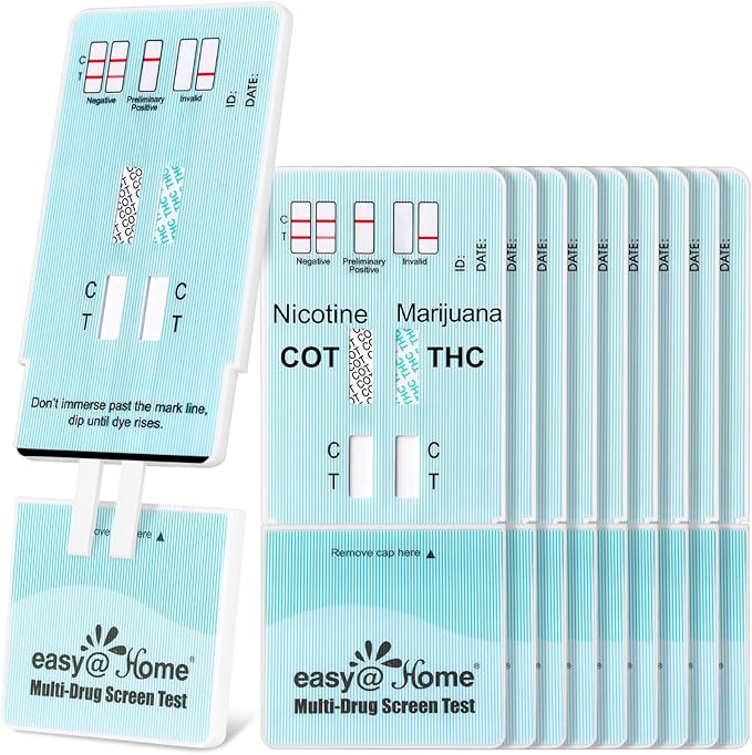Easy@Home Marijuana & Nicotine Urine Drug Test Kits 10 Pack, Multi-Drug Screen Test for THC and Nicotine Metabolites Cotinine(COT) in Urine, Accurate Home Drug Testing Kits, EDOAP-124