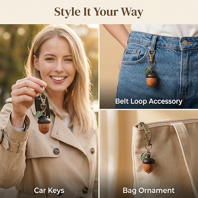 NIIIYTYB Cute Acorn Keychain Container Mini Pill Holder Charm for Bag Small Portable Brown Key Chain Charm Funny Leaf Decor Keychain for Purse and Accessories Small Bag Charms