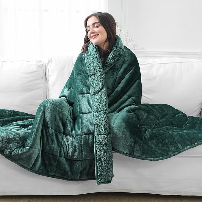 Aemicion Queen Size 20lbs Weighted Blanket for Adults, Fluffy Warm Sherpa & Cozy Soft Flannel Snuggle Thick Heavy Blanket Great for Sofa Bed, 60x80in Green