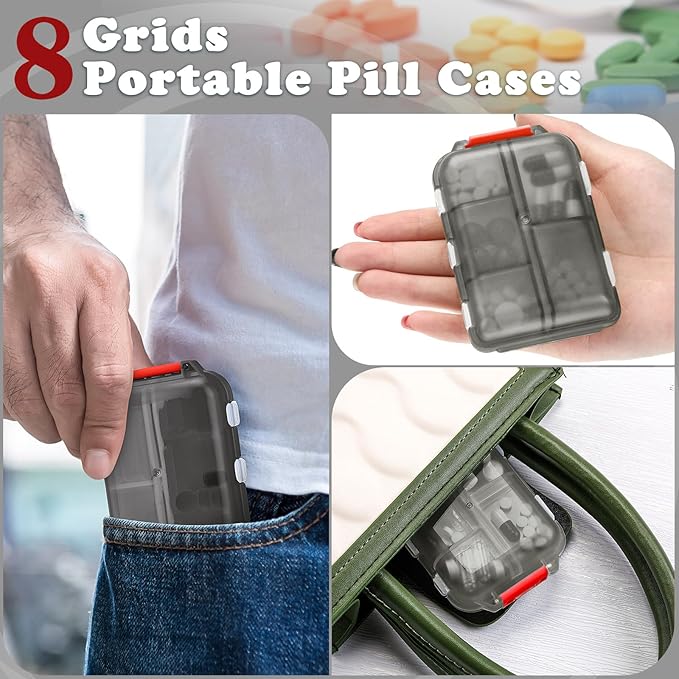 Meekoo 8 Pcs Travel Pill Organizer Pocket Portable Pill Case Daily Container Small Container Medicine Travel with 10 Compartments for Purse Fish Oil Medicine(Gray Red)