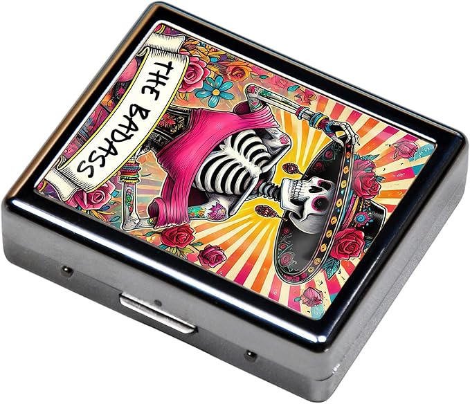 Silver Vintage Pill Box 7 Day Metal Pill Box with Mirror and 8 Compartments Cute Travel Pill Organizer for Purse (The Dancing Skeleton)