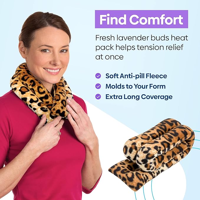 SunnyBay Microwave Heating Pad, Microwavable Heated Neck and Shoulder Wrap, Soothing Weighted Moist Heat or Ice Pack with Flaxseed and Lavender, 26x5 Inches, 2.5 lbs, Leopard