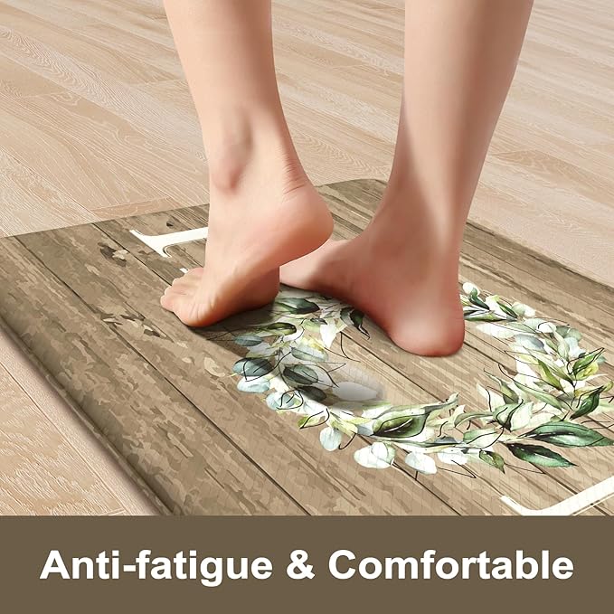 KIMODE Kitchen Mats Cushioned Anti Fatigue, 17"x47"+17"x29" Farmhouse Kitchen Rugs Sets of 2, Non Slip Kitchen Mats for Floor, Padded Kitchen Floor Mats for Sink, Laundry, Desk Khaki