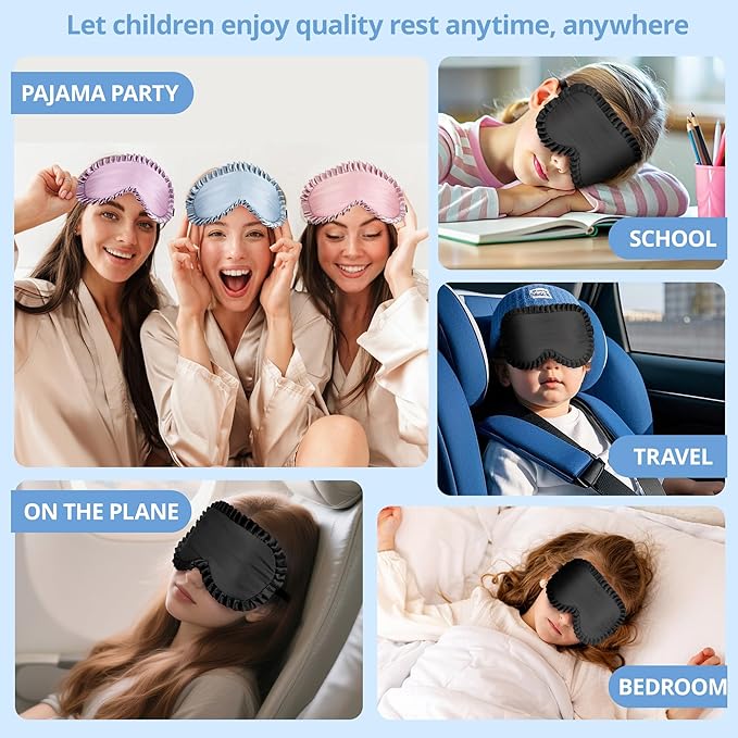 Kids Sleep Mask, 100% Real Mulberry Silk Eye Mask, Sleeping Mask for Kids with Adjustable Elastic Band, Soft & Light Blocking Eye Cover Gift for Boys Girls Teens Age 5+ (Blue)