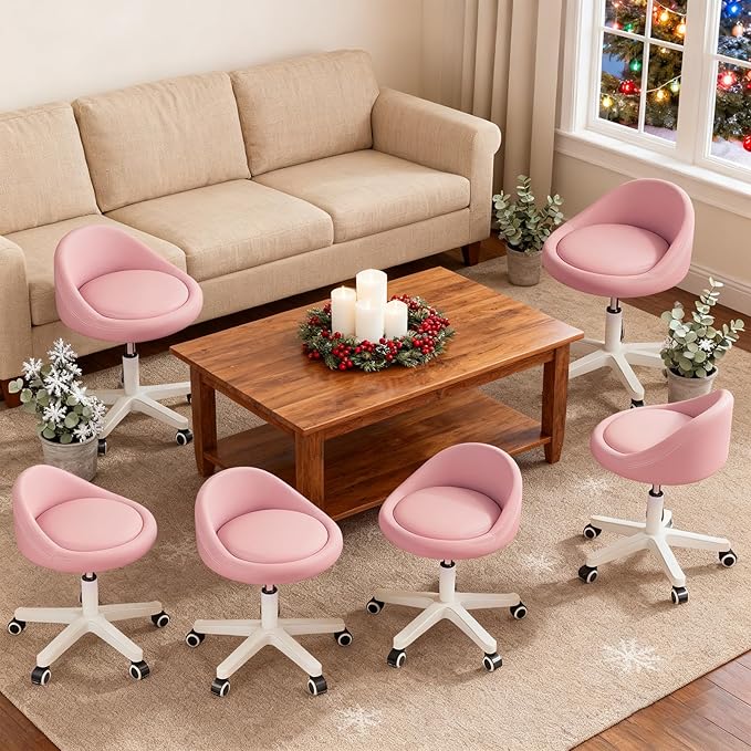 Rolling Stool Set of 6– Ergonomic Swivel Seat, Adjustable Height, Ultra-Quiet Wheels, Padded PU Leather Cushion, for Salon, Office, Massage & Medical Use Pink