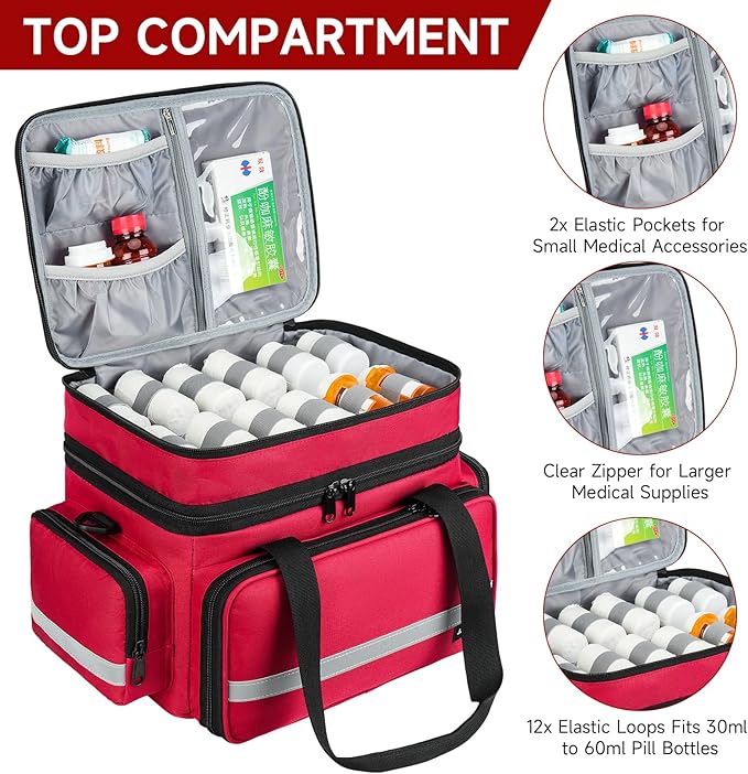 Large Pill Bottle Organizer, Double Layers Medicine Storage Bag with Lockable Zippers and Shoulder Strap,Medication Travel Bag for Prescription Bottles, Vitamins & Medical Supplies, Red (Bag Only)