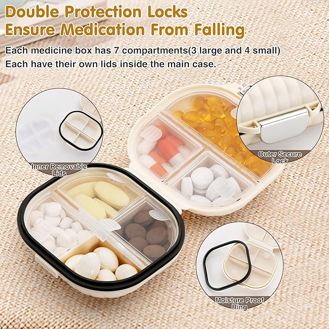 [2 Pack] Zannaki Pill Case Portable Small Weekly Travel Pill Organizer, Cute Moisture Proof Pill Box Holder for Purse, Daily Mini Pocket Pharmacy Medicine Container for Vitamin, Fish Oil, Supplement