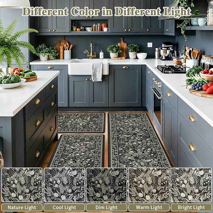 Kitchen Mats for Floor 3PCS Anti Fatigue Cushioned PVC Kitchen Rugs Non Slip Waterproof Botanical Floral Rugs Comfort Standing Mat for Laundry, Desk, Bar, Office Black