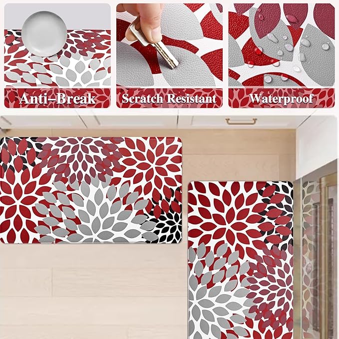Likiyol Kitchen Rugs Boho Floral Kitchen Mats for Floor Flower Anti Fatigue Mats for Kitchen Floor Cushioned Non Slip Washable Kitchen Mat for Home, Sink, 18''x30''+18''x48'', (Red)