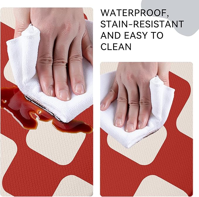 Red Beige Retro Curvy Checkered Grid Checkerboard Kitchen Rug Sets [2 PCs], Anti-Fatigue, Waterproof Non-Slip Kitchen Mats Heavy Duty Comfort Foam Rug for Floor, Home, Laundry,17"x29"+17"x47"