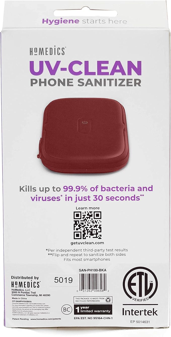 Homedics UV Clean Phone Sanitizer, Portable Fast Germ Sterilizer & UVC Light Disinfectant for Cell Phone, Makeup Tools, Credit Cards, Keys, Glasses, Kills up to 99.9% of Bacteria & Viruses, Red