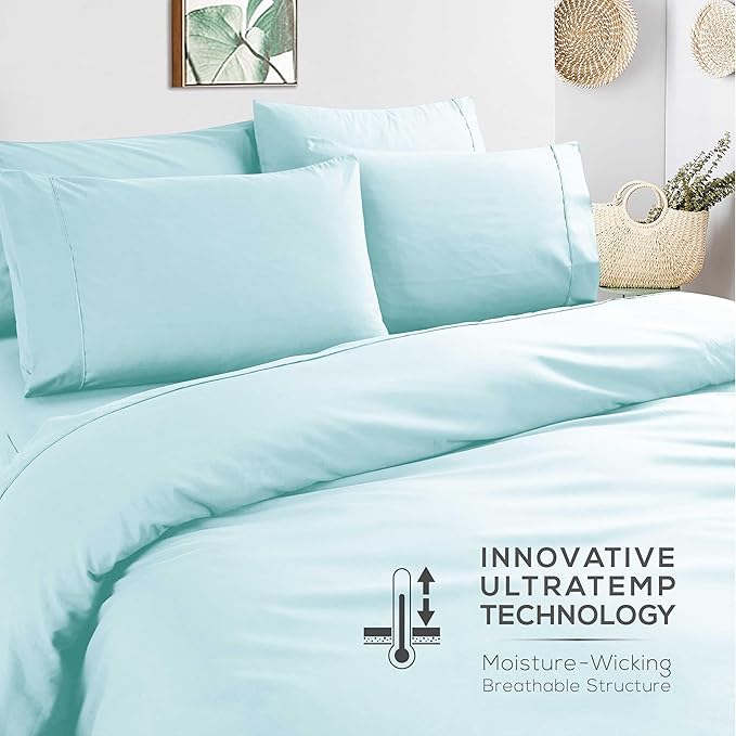 Mueller Ultratemp Bed Sheets Set, Super Soft 1800, 6 Piece Set, Deep Pocket up to 16" Sheets, Transfers Heat, Breathes Better, Hypoallergenic, Wrinkle, Aqua, California King