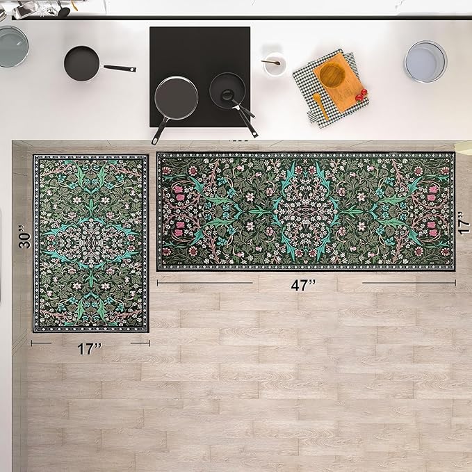 Vintage Floral Kitchen Mat Set of 2, Dark Green Floral Kitchen Rugs and Mats Non Slip Washable, Home Decor Low-Profile Kitchen Rugs for Floor (17”x30“+17''x47'')