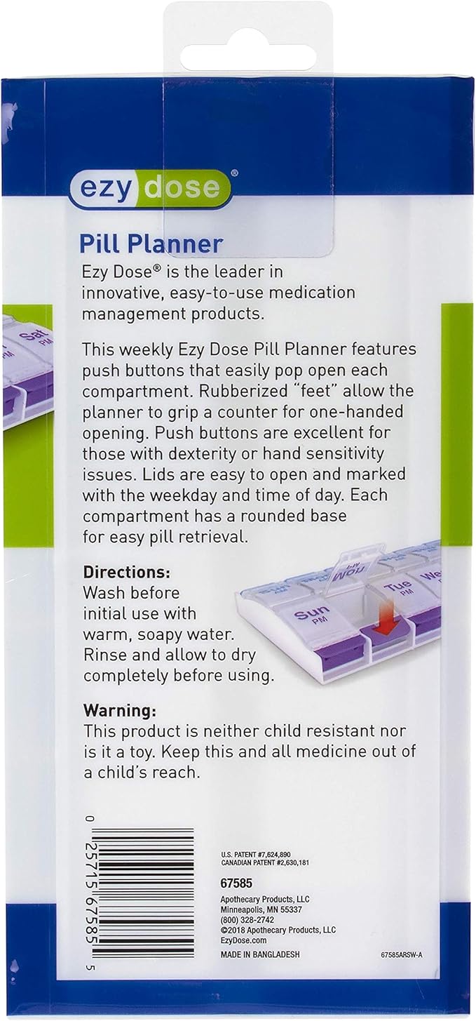 EZY DOSE Push Button Weekly (7-Day) Pill Case, Medicine Planner, Vitamin Organizer Box, 2 Times a Day, AM/PM, Large Compartments, Arthritis Friendly, Clear Lids, BPA Free, Pack of 6