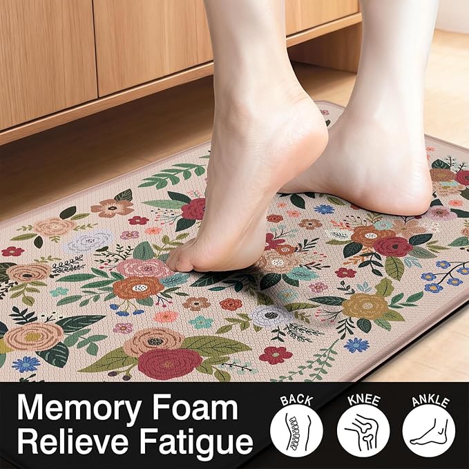 Anti Fatigue Boho Kitchen Rugs Set of 2, Floral Kitchen Mats for Floor, Farmhouse Kitchen Decor, Anti-Slip and Anti-Fatigue Foam Standing Mat,17x30 inch Sink Mat+17x48 inch Runner Rug Pink