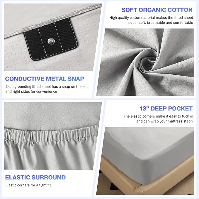Grounding Sheets Queen Size, Earth Grounded Fitted Bed Sheet with 10% Pure Silver Fiber + 90% Organic Cotton, for Improved Sleep & Wellness (Gray, Queen - 80"x60"x15")