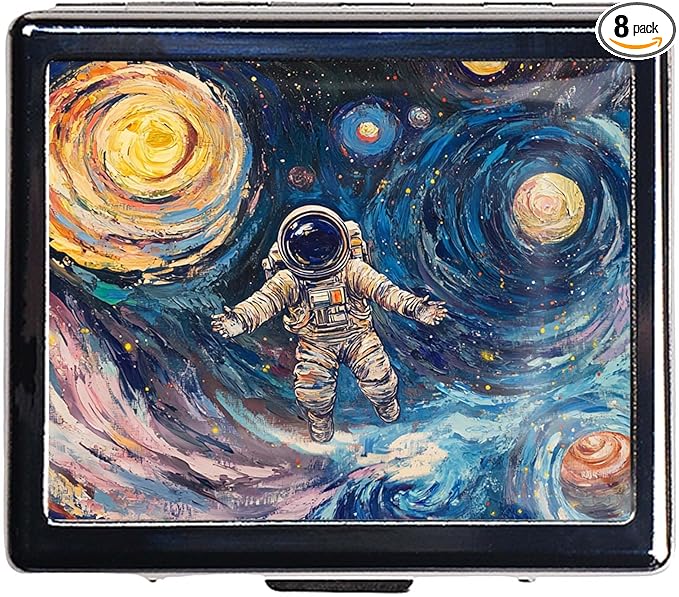 7 Day Travel Pill Organizer with Mirror Shiny Silver Chromed 8 Compartment Pill Box for Vitamins and Medications Compact and Stylish Medicine Case (Spaceman)