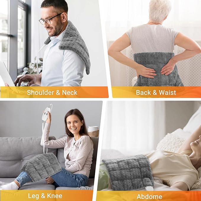 Weighted Electric Heating Pad with Massaging Vibrations, 6 Settings - 3 Heat, 3 Massage - 9 Relaxing Combinations, 12" x 24", 4 Lbs, Waffle Grey