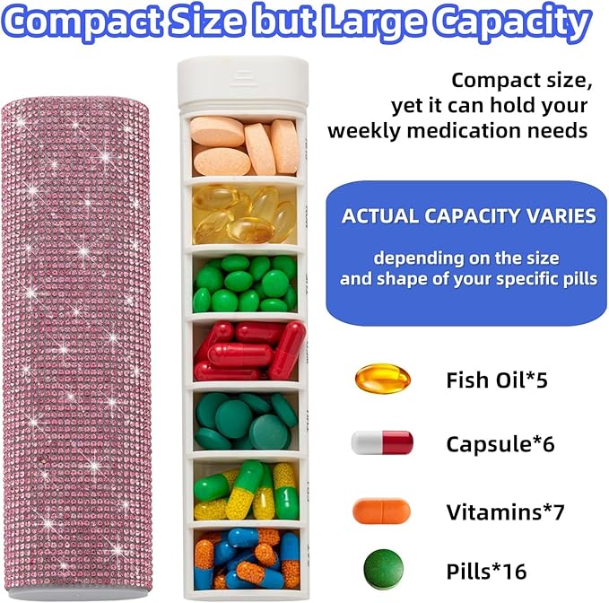 Pill Case for Purse Bling 7-Day Pill Organizer Weekly Compact Medicine Containers Travel Medication Box Holder for Traveling Women(Pink)