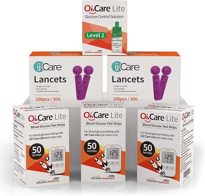 Oh’Care Lite Blood Sugar Testing Monitor – 150 Glucose Test Strips, 200 Lancets, and 1 Control Solution for for Blood Testing – Accurate and Affordable Diabetic Supplies
