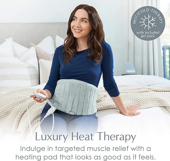 Pure Enrichment PureRadiance Lumbar & Abdominal Luxury Heating Pad for Pain Relief, Patented Design, Soft Faux Fur & Micromink, 6 Heat Settings, Adjustable, Machine Washable, 9.5”x19.7” (Aquamarine)