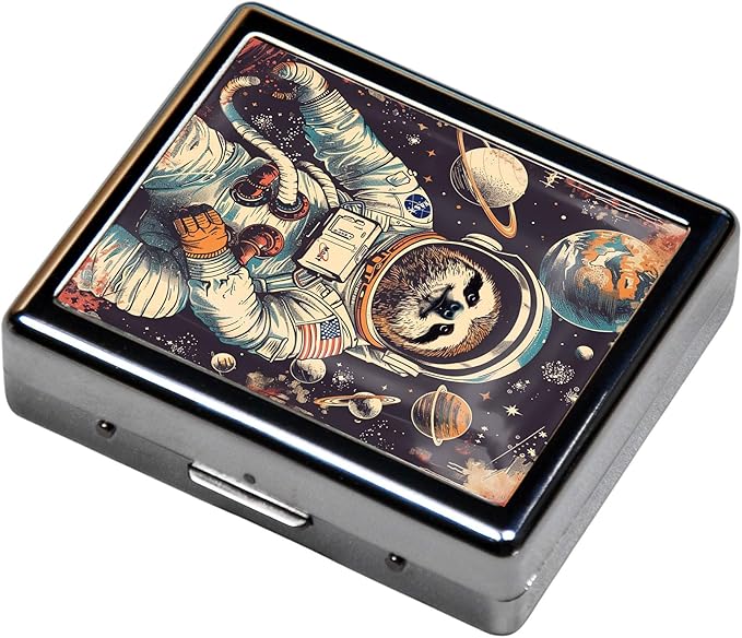 7 Days Chromed Shiny Silver Pill Organizer with Mirror Inside Has 8 Separate Compartments Rectangle 7 Days Pill Box Pill Case (Sloth Astronaut)