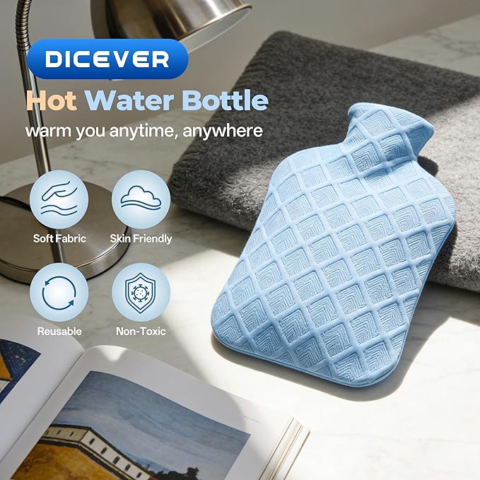 Hot Water Bottle with Soft Cover, 2L Hot Water Bag, Hot and Cold Therapies for Sore Muscles, Menstrual Cramps, Neck and Shoulder Pain Relief, Great for Women, Childs, Blue