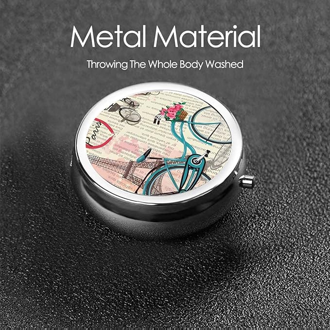 Eiffel Tower Bike Printed Round Travel Pill Box Cute Small Metal Pocket Pill Case for Men & Women 3 Compartment Portable Pill Organizer for Purse or Pocket