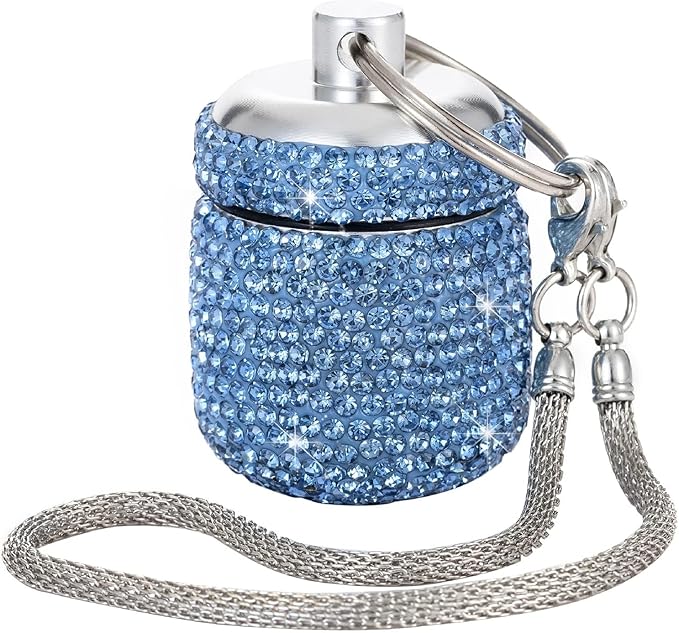 Bling Rhinestone Pill Bottle Organizer Daily Travel Pill Case Container Ring Holder Small Medicine Holder Box for Vitamin Supplement Gum with Keychain(Light Blue)