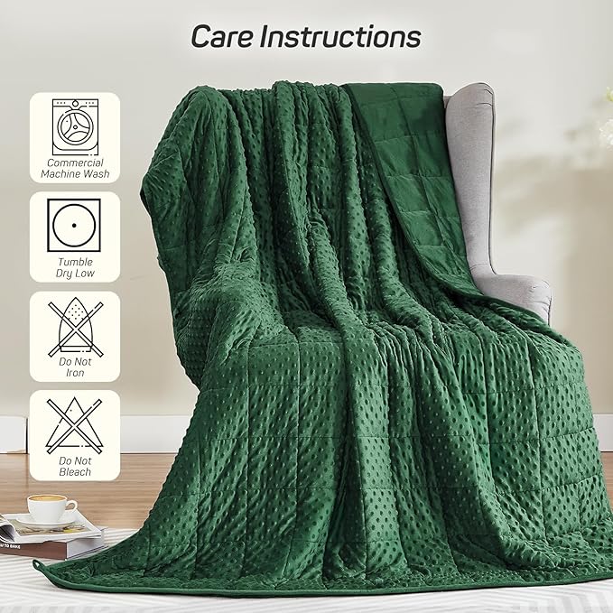 Weighted Blanket 15lbs for Adults, Ultra Soft Minky Dot Heavy Blankets for Sleep, Breathable Washable Throw Blanket with Glass Beads, 48"x72" Twin Size, Dark Green