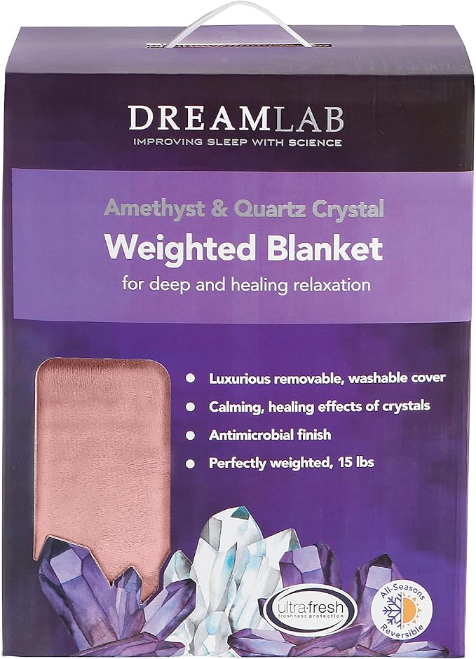 Dream Lab Amethyst and Quartz Crystal Cooling Reversible Weighted Blanket with Removable Cover, 15 Pounds, Soft Pink