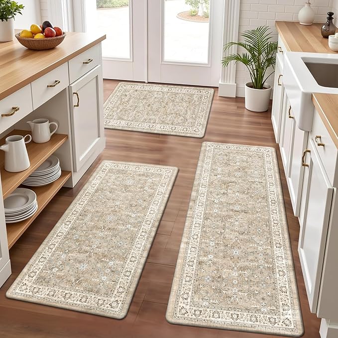 Pauwer Anti Fatigue Kitchen Floor Mats Set of 3, PVC Foam Padded Kitchen Rugs, Non Slip Cushioned Comfort Standing Mat, Waterproof Sink Rug for Small Kitchen Area, Laundry Room, Light Brown