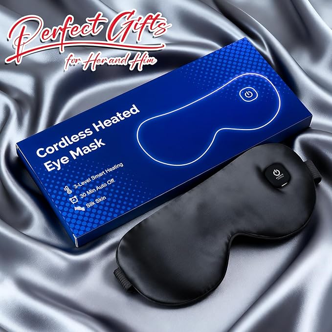 Cordless Heated Eye Mask for Dry Eyes, Electric Warm Compress Rechargeable with 3 Temperature Settings, Blocking Light Eye Heating Pad for Sleeping, Washable Silk Heat Sleep Mask, Black
