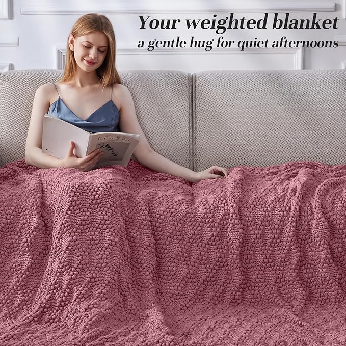 Knitted Weighted Blanket for Adult, Chunky Knit Weighted Throw for Sleep 50"*60" 5lbs, Cooling Breathable Heavy Blanket for Hot Sleepers, Machine Washable Blanket for Room Decor(Pink)