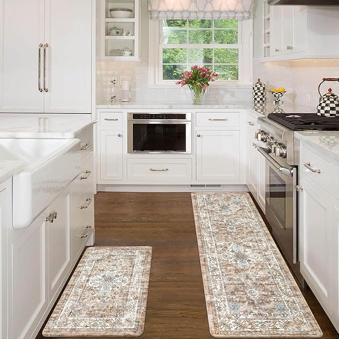 Pauwer Anti Fatigue Kitchen Mat Set of 2 Non Slip Kitchen Mats for Floor Cushioned Kitchen Rugs Comfort Standing Mat Farmhouse Waterproof PVC Foam Kitchen Floor Mat Runner